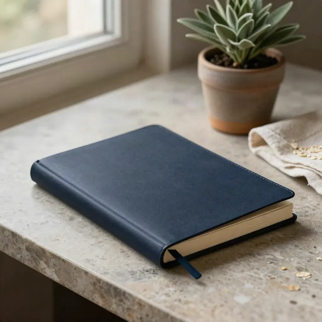 Ledger notebook, potted plant and cloth on a stone desk in soft window light.