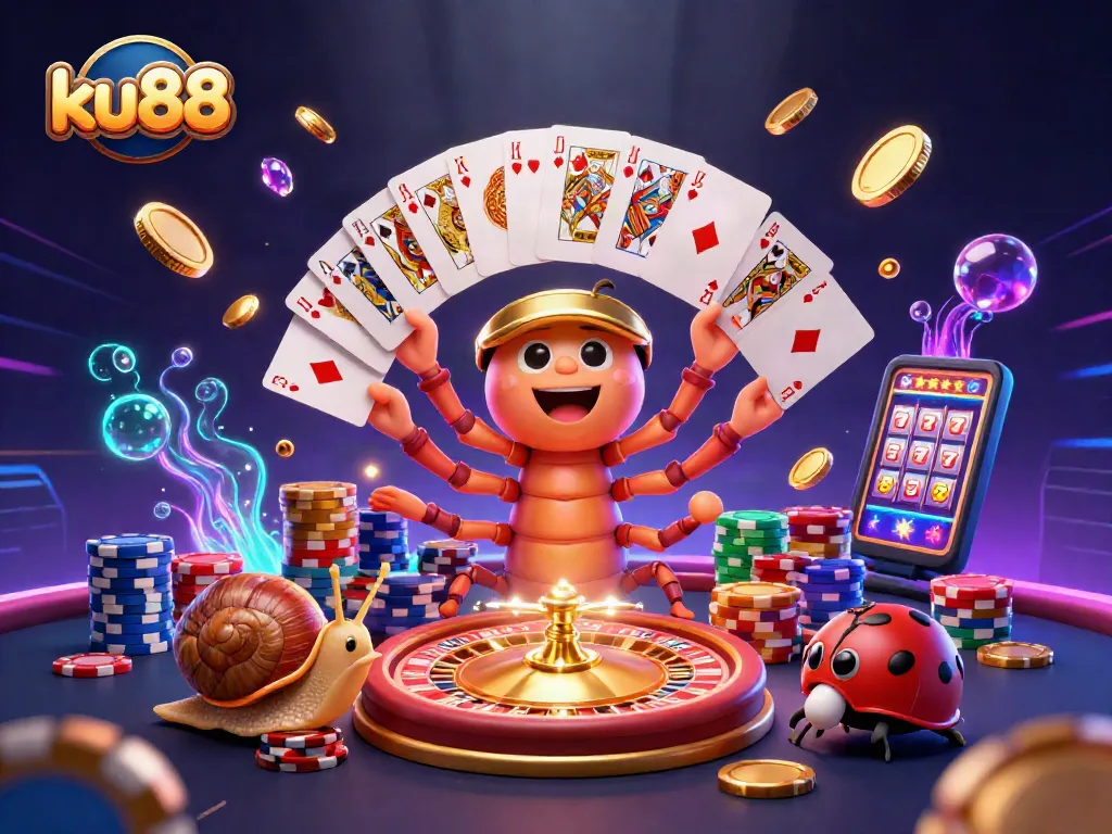Experience thrilling gameplay with ku88 at a vibrant casino scene featuring a cartoon dealer and high-roller action.