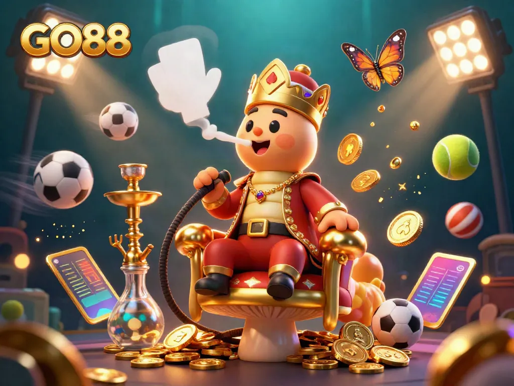 Experience GO88 excitement with a captivating scene featuring a caterpillar master and sports elements.