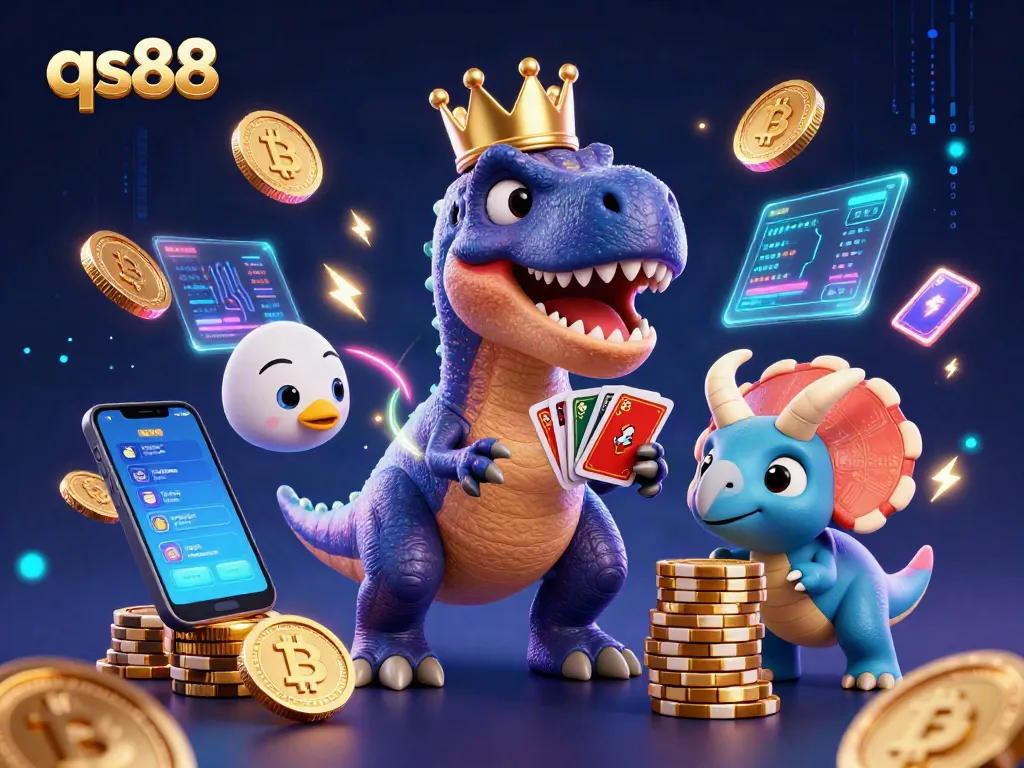 qs88 brings exciting card shuffling action in a vibrant 3D casino scene with cartoon dinosaurs.