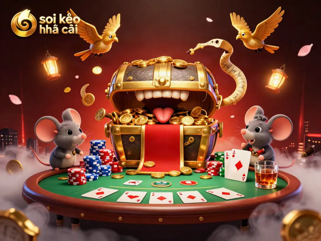 Engage with the dynamic scene of soi kèo nhà cái, featuring a golden treasure chest and a lively poker atmosphere.