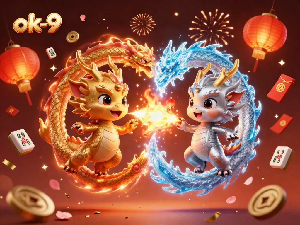 Experience the excitement with ok-9's dynamic gaming scene featuring dragons and colorful casino elements.