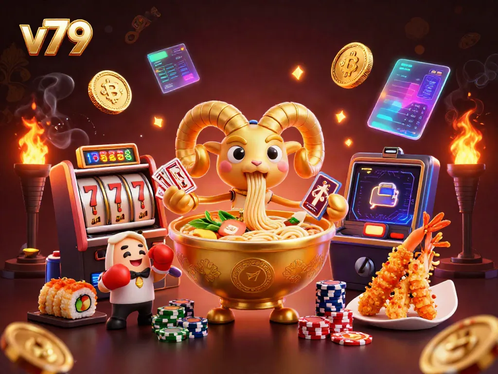 Experience winning with v79 in a dynamic 3D casino scene filled with slot action and vibrant characters.