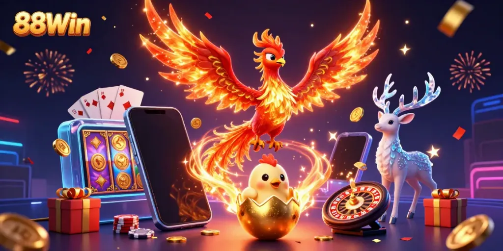 Engage with vibrant gameplay at 88Win with a phoenix and gaming elements exploding with excitement.