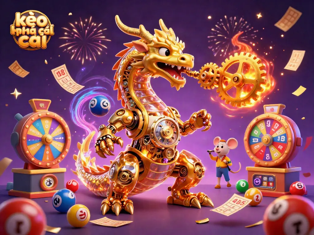 Engage with kèo nhà cái through an energetic 3D casino scene featuring a golden dragon and vibrant game elements.