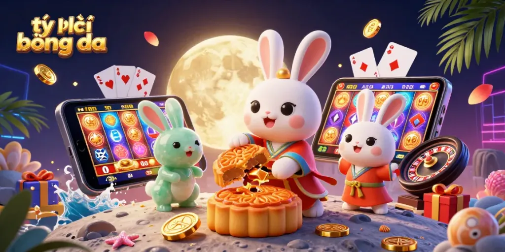 Engage with tỷ lệ bóng đá through a vibrant 3D scene featuring festive rabbits delivering gambling luck.