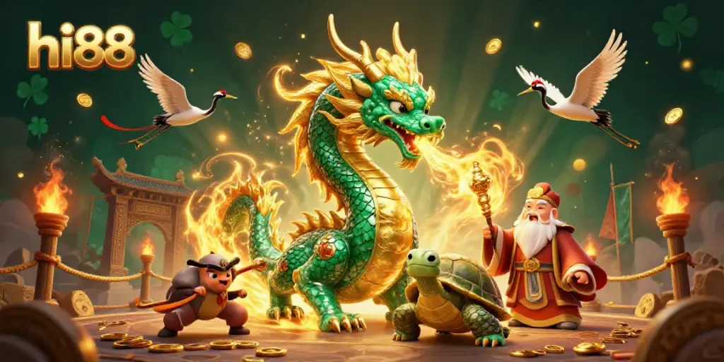 Engage in gaming fun with hi88, featuring a jade dragon and dynamic elements of online gambling.