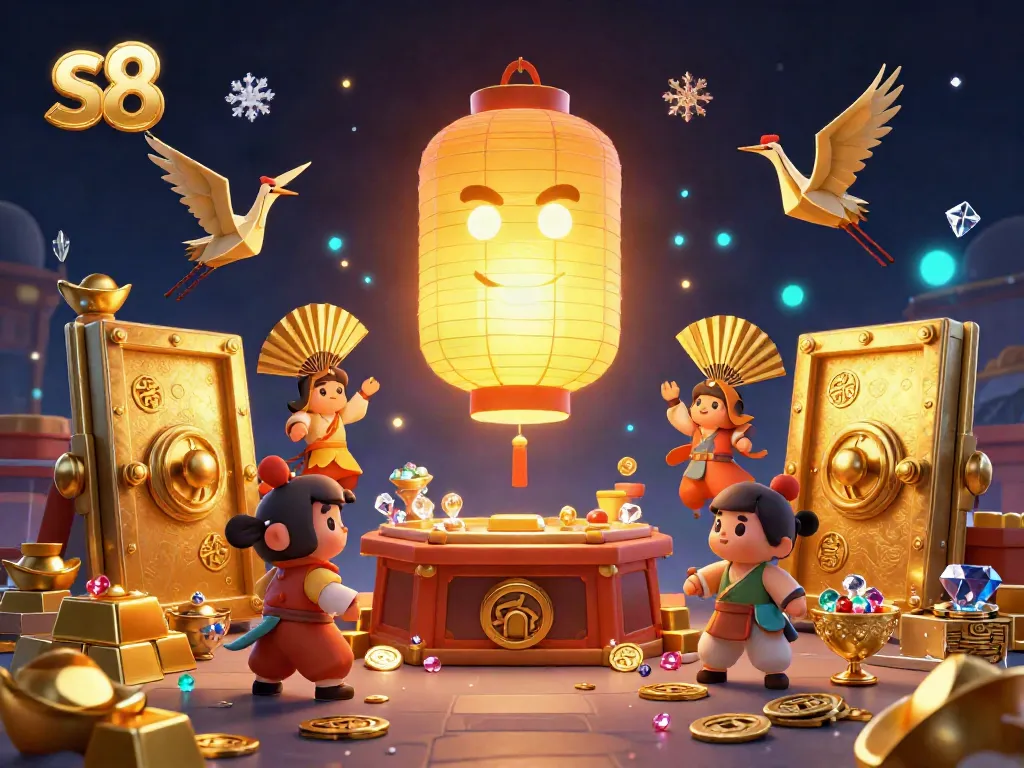 S8 engages players with vibrant 3D casino spirit illustration showcasing treasure, lucky symbols, and festive atmosphere.