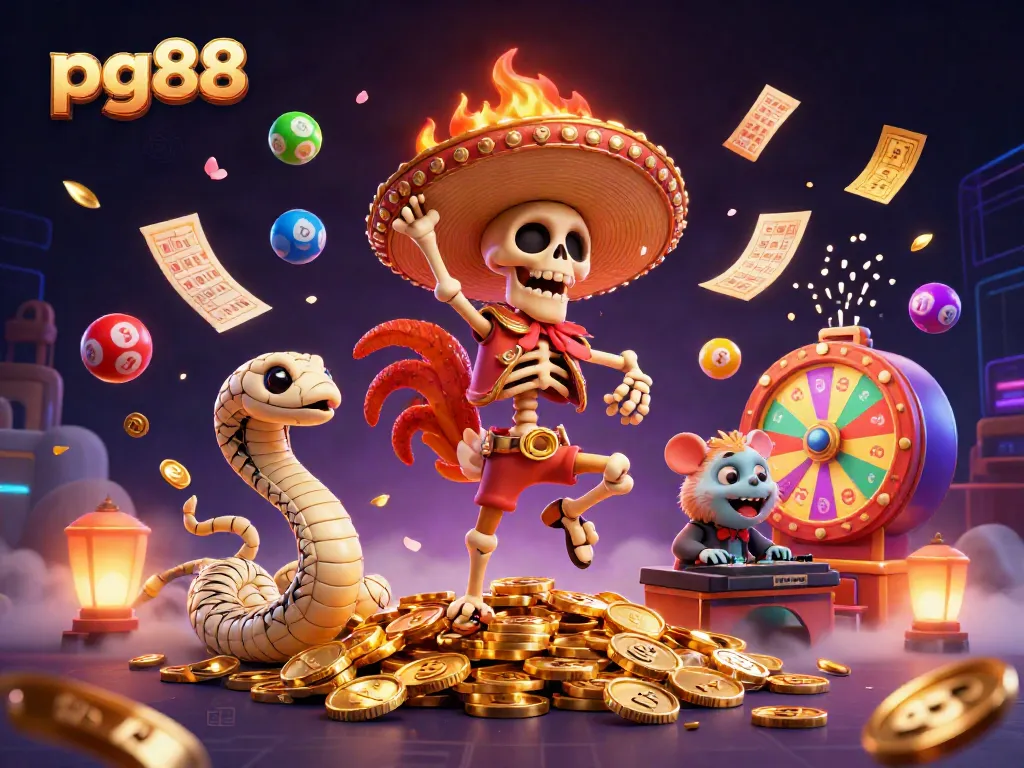 Spin the prize wheel and celebrate wins at pg88 with a vibrant casino-themed digital illustration!