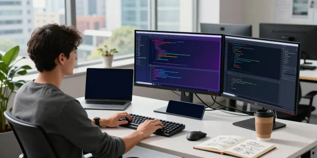 Developer coding with instant indexing tools in a modern office workspace