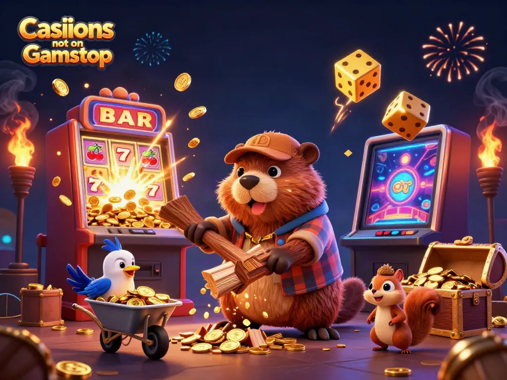 Celebrate winnings at Casinos not on Gamstop with a vibrant scene of animated characters, coins, and casino symbols.