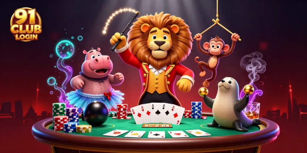 Experience thrilling gameplay with 91 CLUB LOGIN as circus characters celebrate casino gaming.