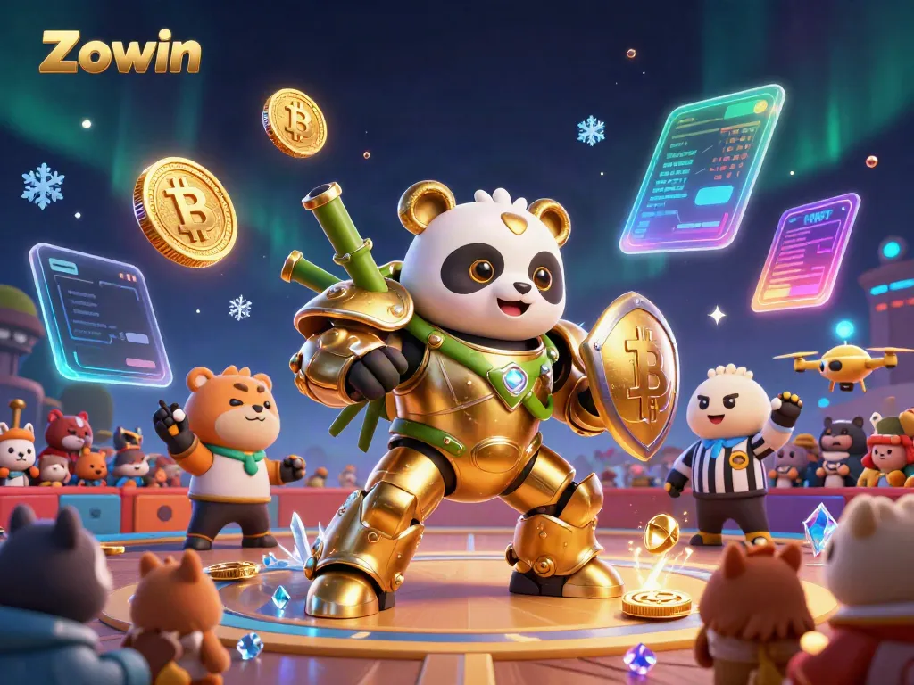 Zowin interactive game scene with a mech-suit panda and crypto elements in a casino arena