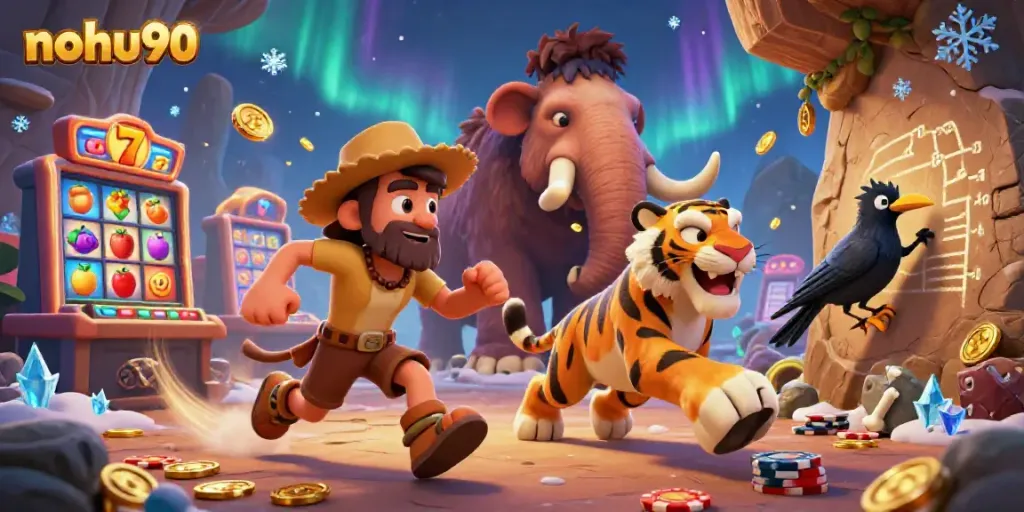 Engage in exciting gameplay at nohu90 with a unique prehistoric casino scene illustrating fun gambling elements.