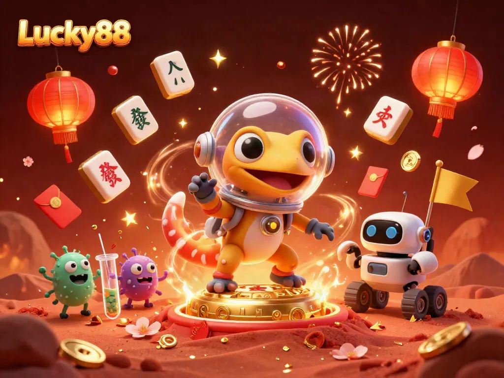 Experience the thrill of Lucky88 with a joyful Martian gecko discovering a gold casino on Mars.