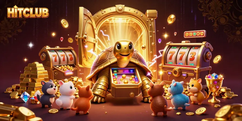 Spin the reels at HITCLUB with a vibrant casino-themed illustration featuring a golden tortoise and dazzling treasures.