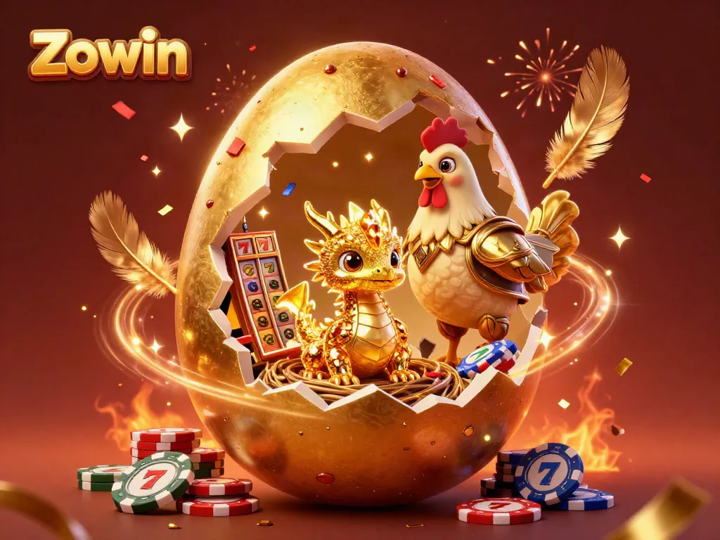 Zowin showcases a golden dragon among riches of poker chips and slot elements, celebrating a casino victory.