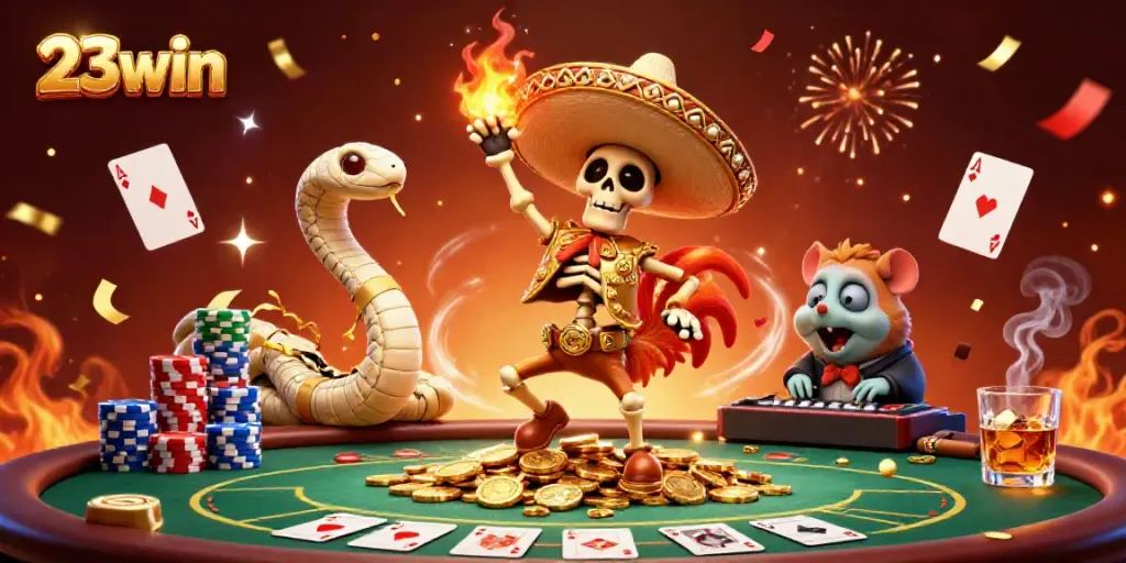 Engage in thrilling gambling action at 23win with a lively 3D casino scene featuring dynamic characters.