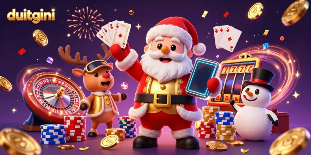 Spin the reels with Duitgini in this vibrant 3D casino scene featuring festive characters.
