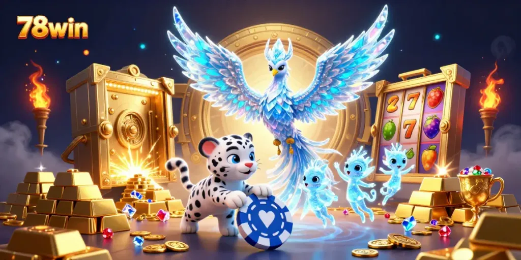 Bet on 78win with a vibrant scene featuring ice phoenixes and sparkling casino elements.