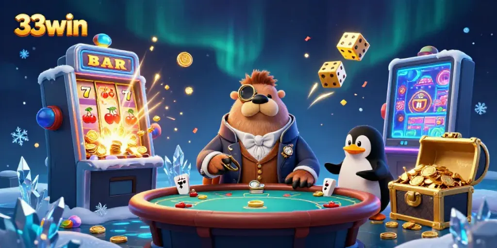 33win offers a vibrant underwater casino scene with a jolly walrus playing poker at a dynamic table with a penguin dealer and a bluffing pufferfish.