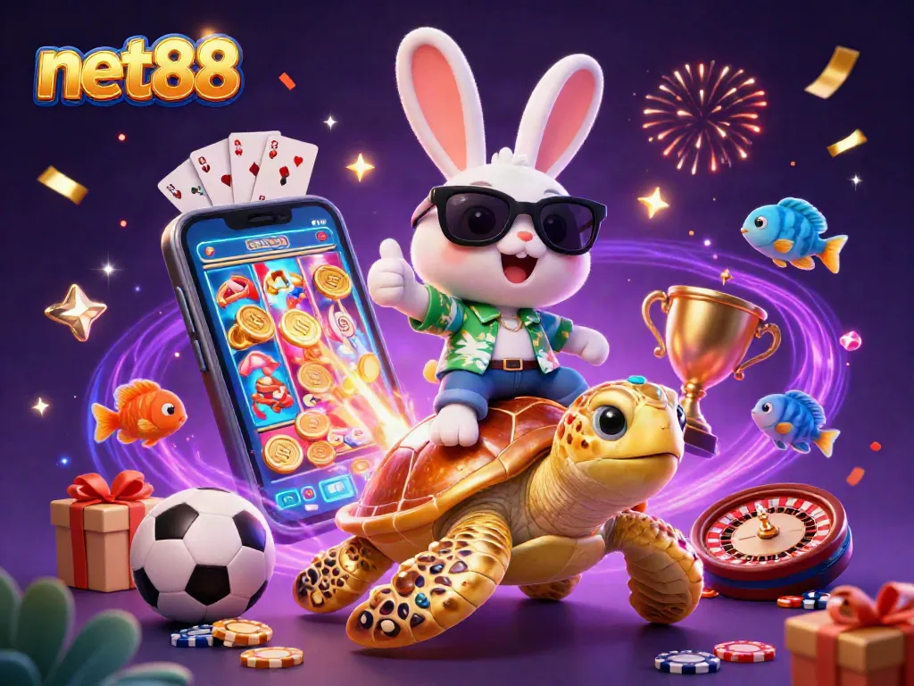 Place bets and win big with net88, featuring a lucky rabbit riding a sea turtle amidst casino action.