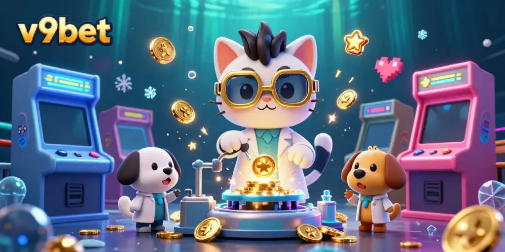 Experience thrilling gaming at v9bet with a vibrant scene of a mad scientist cat and dog in a dynamic casino