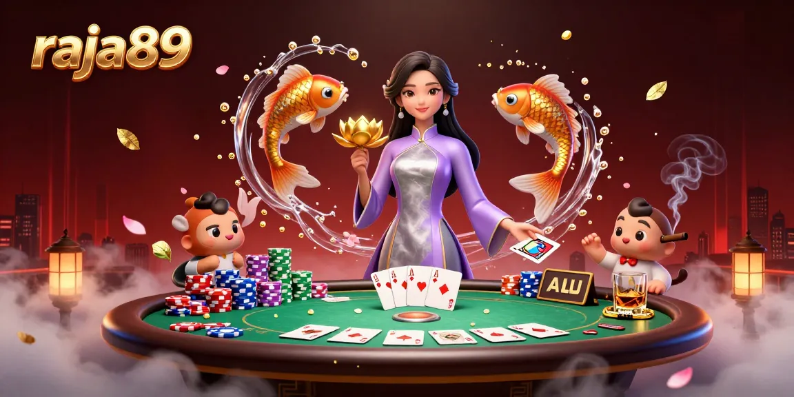Join raja89's thrilling casino adventure with an elegant lady amidst vibrant poker elements and koi fish.