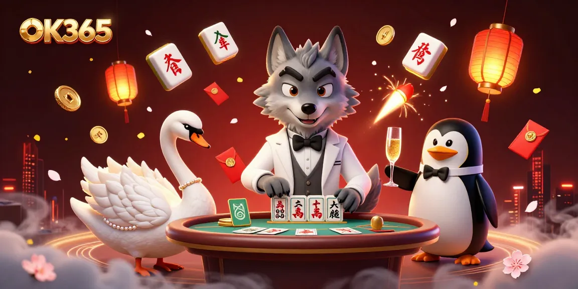OK365 delivers lively baccarat action with a debonair wolf, swan dealer, and penguin sommelier.