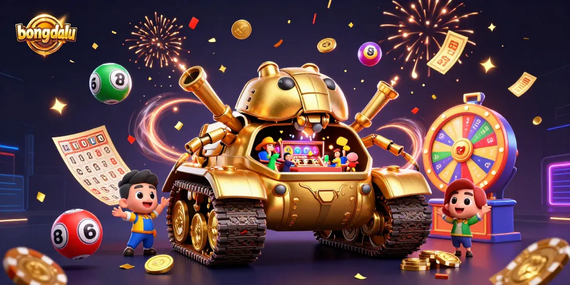 Bongdalu transforms into a lively casino scene with a golden beetle tank, celebrating with confetti and exciting game elements.