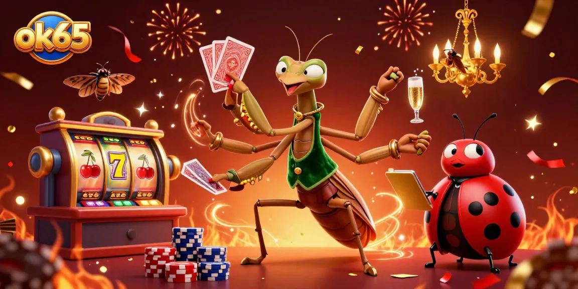 Join the excitement at ok65 with a lively illustration of card dealing and jackpot action.