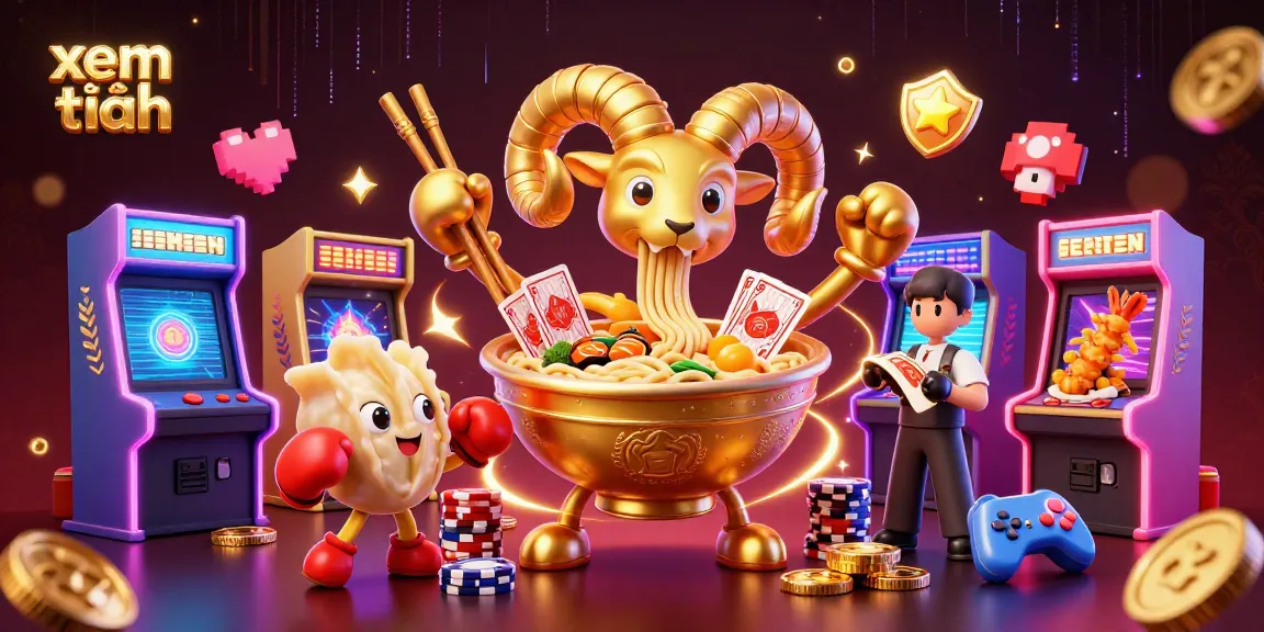 Visualize "xem thêm" with vibrant casino characters and gaming action in a packed digital art scene.