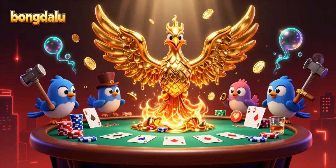 Bongdalu's molten metal phoenix heralds winning poker moments, surrounded by vibrant casino elements.