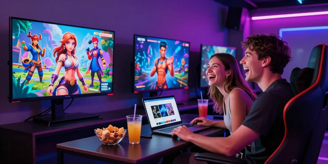 Couple enjoying lewdspot gaming experience in vibrant lounge.