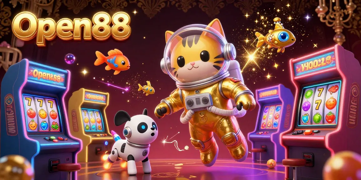 Experience the thrill of winning at Open88, featuring a lively 3D casino scene with characters and game elements.