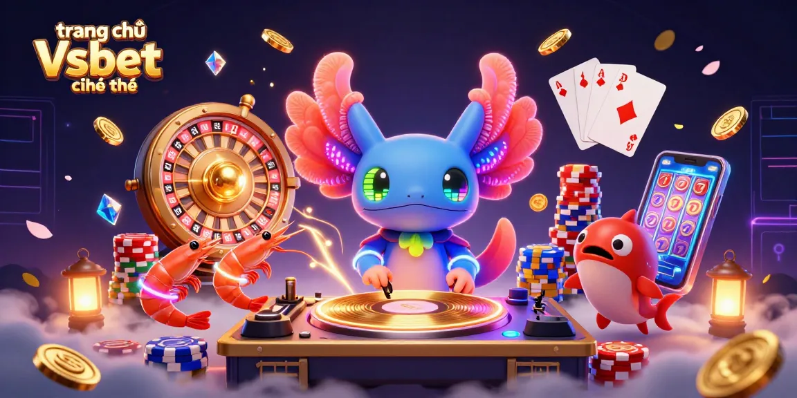 Experience the vibrant atmosphere of trang chủ Vsbet chính thức with energetic characters spinning golden records and dynamic casino elements.