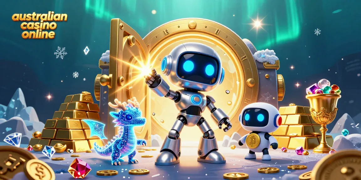 Engage with rich treasures at the australian casino online, featuring robot mascots and vibrant game elements.