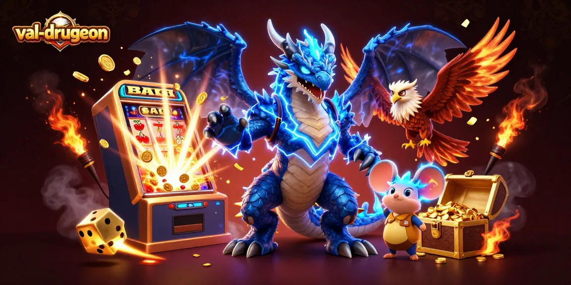 Experience the thrilling jackpots at val-drugeon with vibrant casino graphics and electrifying characters.