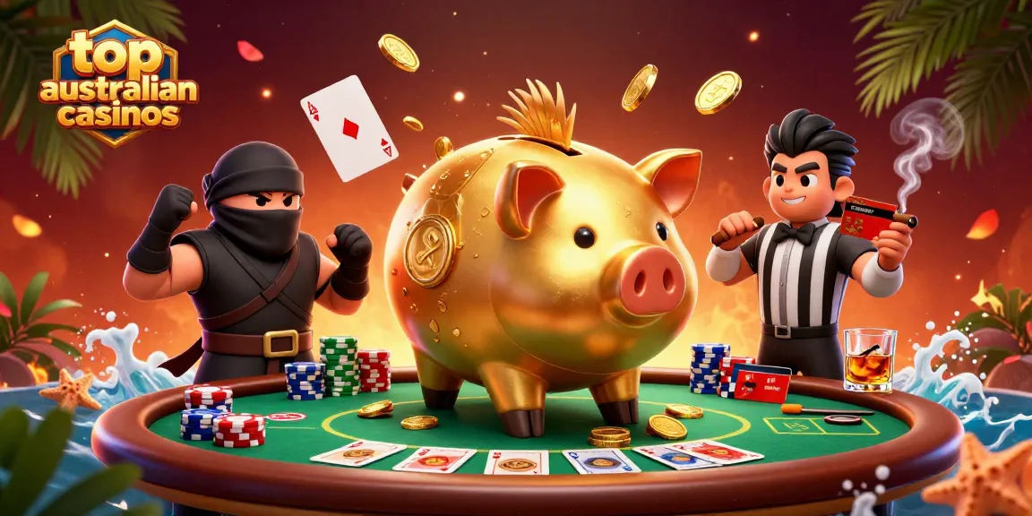 Experience top Australian casinos with a dynamic scene featuring unique characters and poker elements.