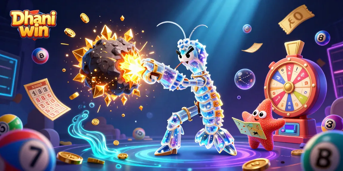 Dhani win shows the galactic samurai mantis shrimp defeating an asteroid for jackpot rewards in an engaging lottery scene.