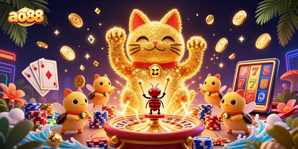 Experience the excitement of ao88 with a dynamic scene featuring a lucky cat and casino symbols.