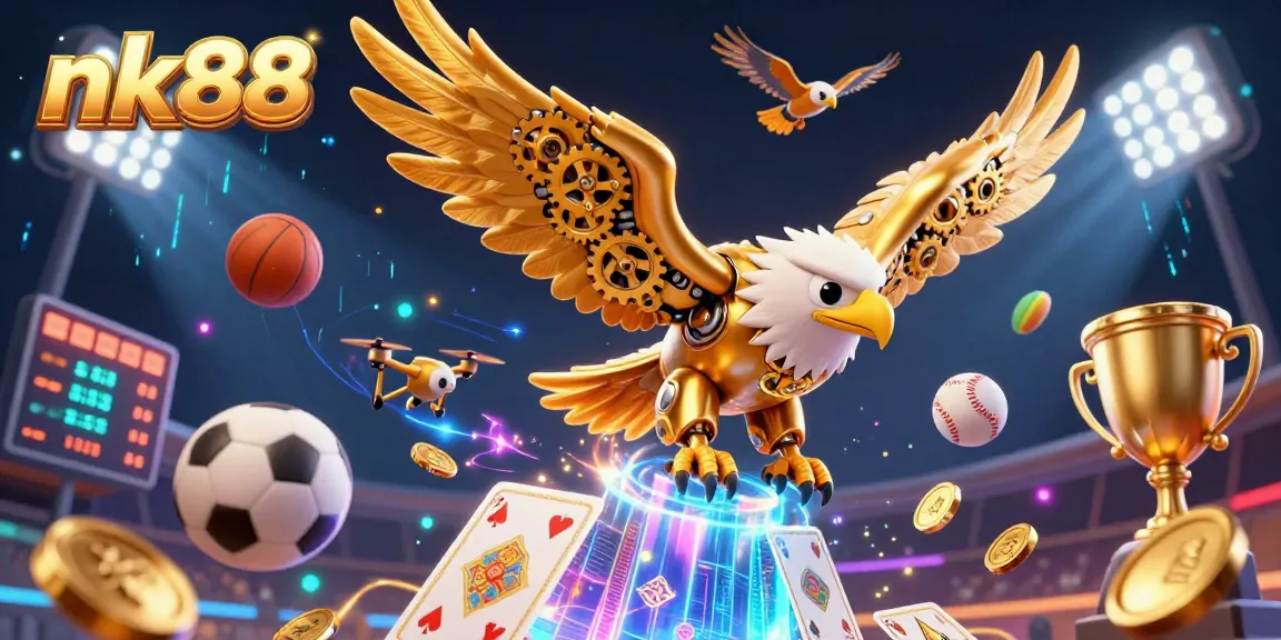 Experience the thrill of nk88 with our dynamic 3D illustration of a golden eagle and sports elements.
