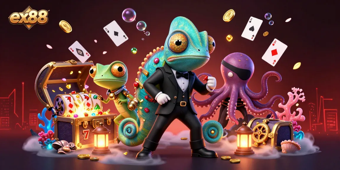 Experience the excitement of ex88 with vibrant characters and casino elements like slot reels and gold coins.