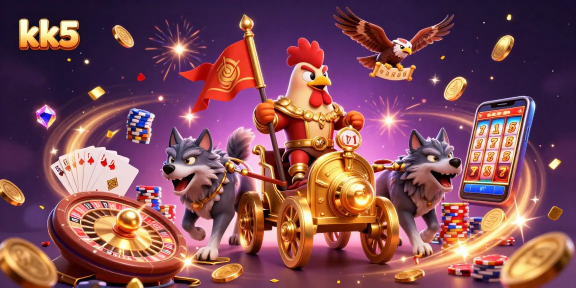 Engage with the kk5 gaming adventure featuring the rooster warlord amidst slots and roulette.