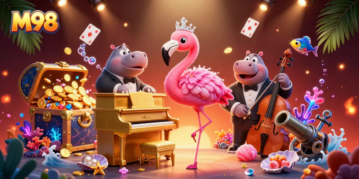 Experience exciting gaming thrills at M98 with vibrant casino scenes featuring lively characters.