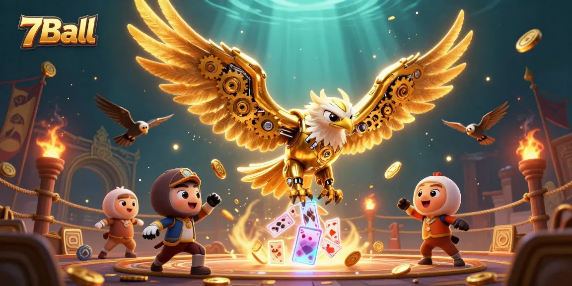 Engage in thrilling 7Ball action with a cybernetic eagle diving through holographic cards and golden tokens.