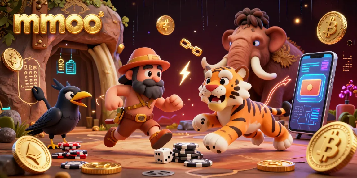 Experience the vibrant world of mmoo casino with a caveman and tiger duo at a prehistoric gaming hub.
