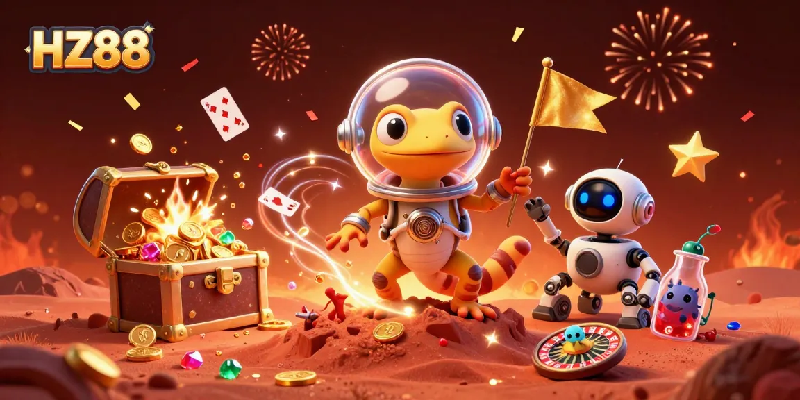 Experience the thrill of winning at HZ88 with a vibrant casino scene featuring a Martian gecko and exciting gameplay.