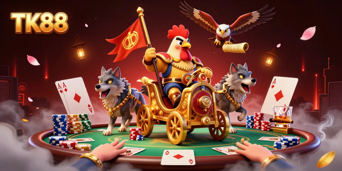 Join the action at TK88 casino with a vibrant scene of a rooster warlord, poker elements, and golden treasures.