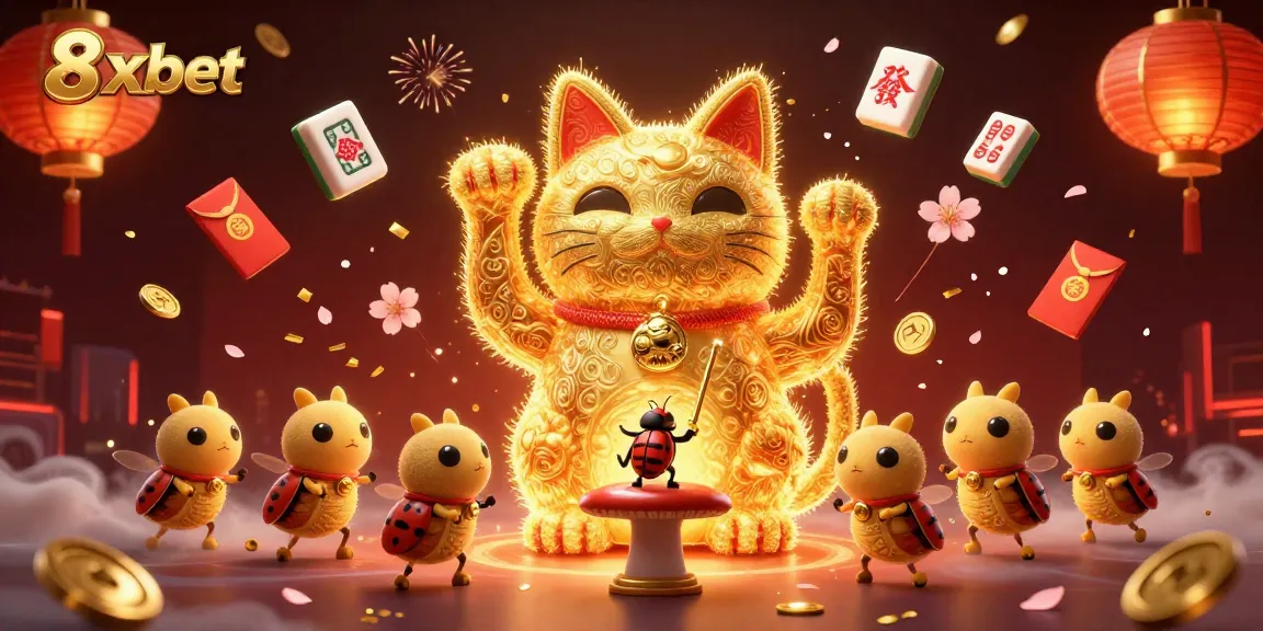 Experience the thrilling world of 8xbet with a vibrant illustration featuring a lucky cat and casino symbols.